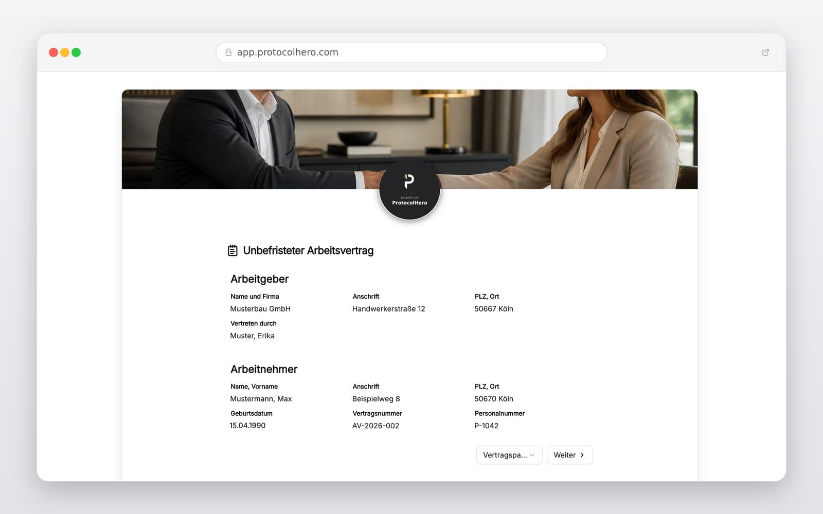 Vorschau der Vorlage „Unbefristeter Arbeitsvertrag Vorlage – rechtssicher & digital"