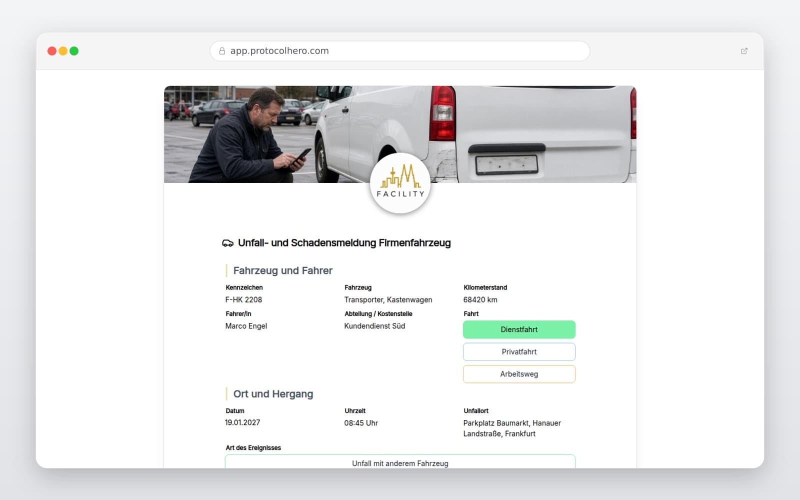 Vorschau der Vorlage „Unfall- und Schadensmeldung Firmenfahrzeug"