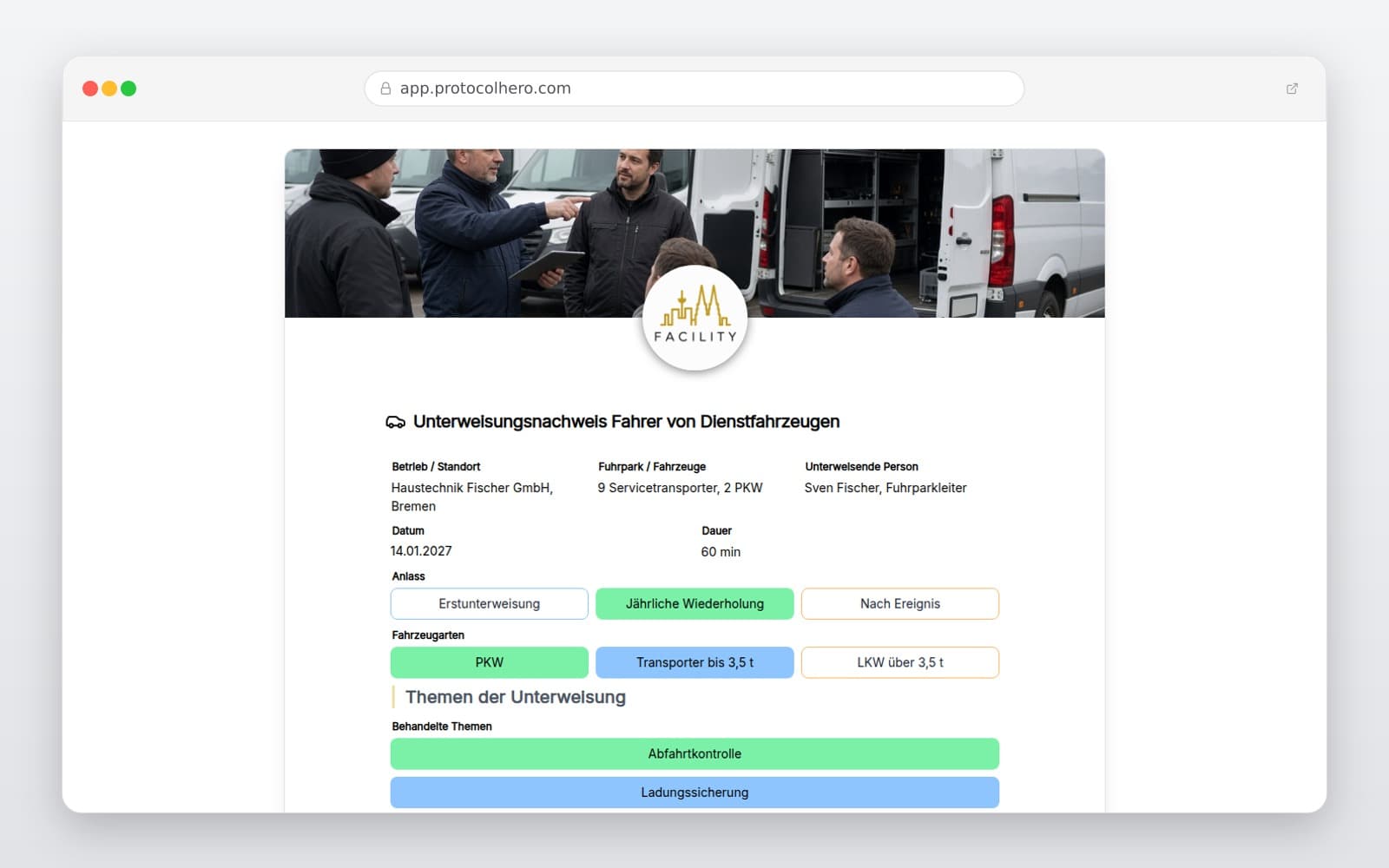 Vorschau der Vorlage „Unterweisungsnachweis Fahrer von Dienstfahrzeugen"