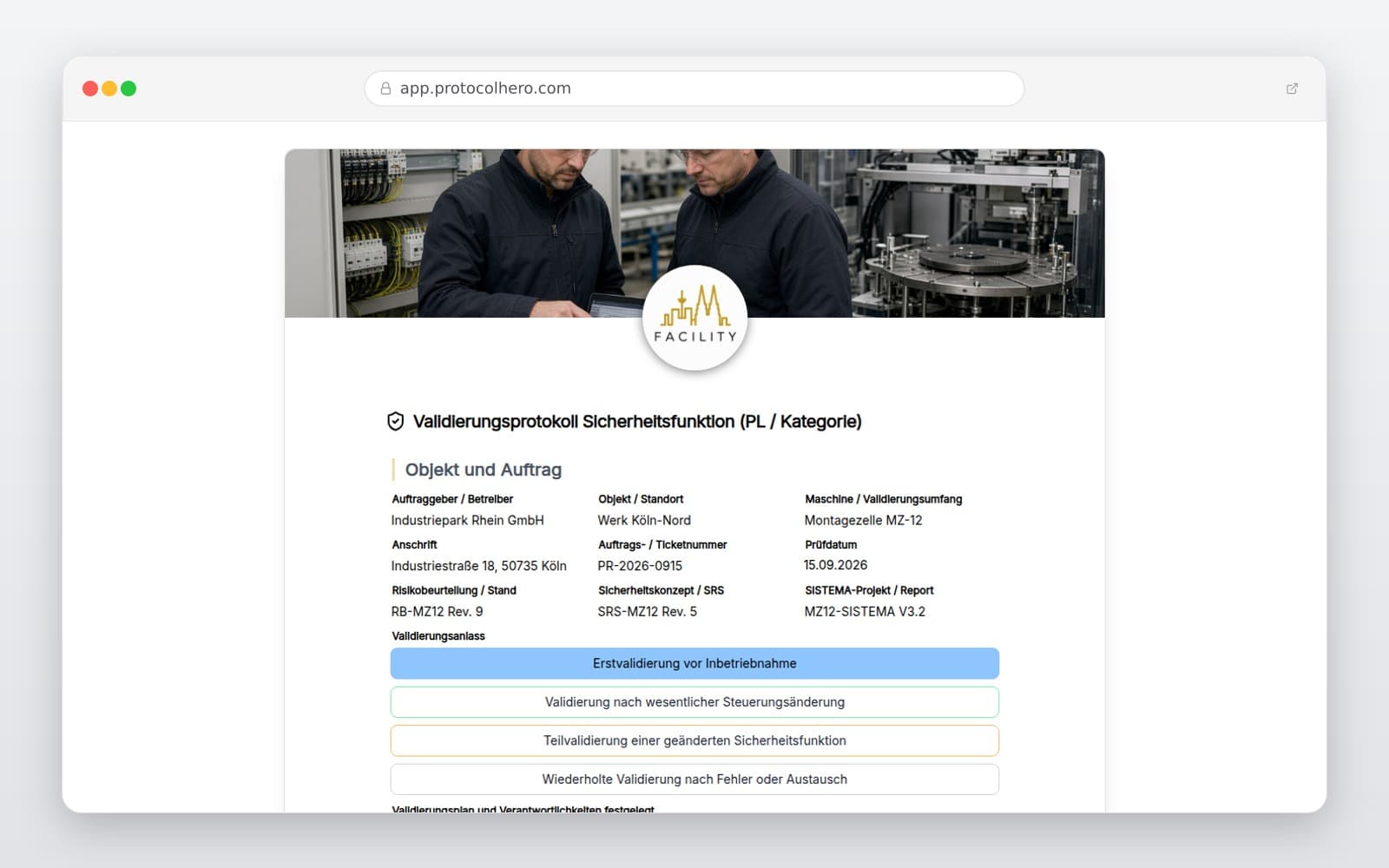 Vorschau der Vorlage „Validierungsprotokoll Sicherheitsfunktion (PL / Kategorie)"
