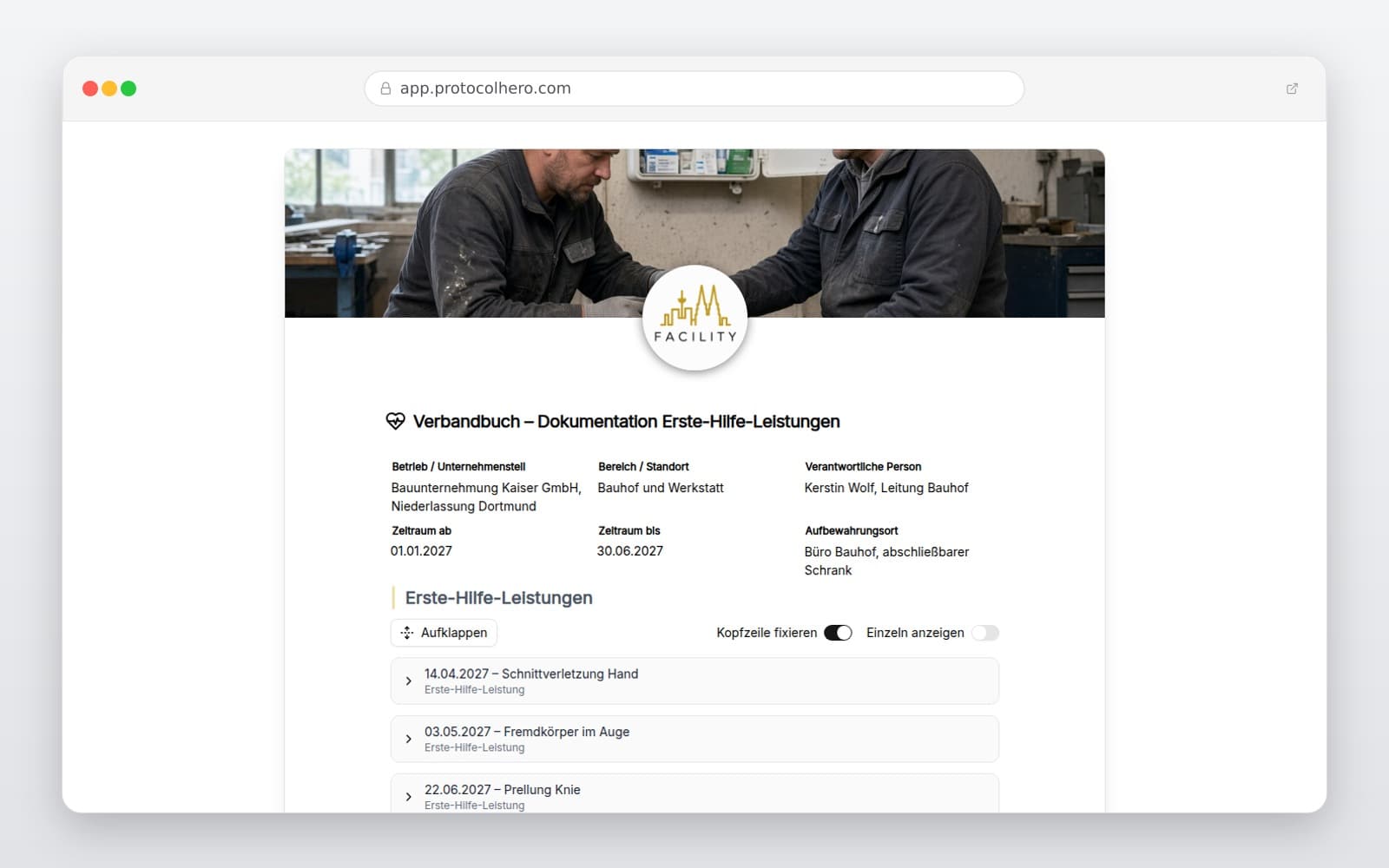 Vorschau der Vorlage „Verbandbuch – Dokumentation Erste-Hilfe-Leistungen"