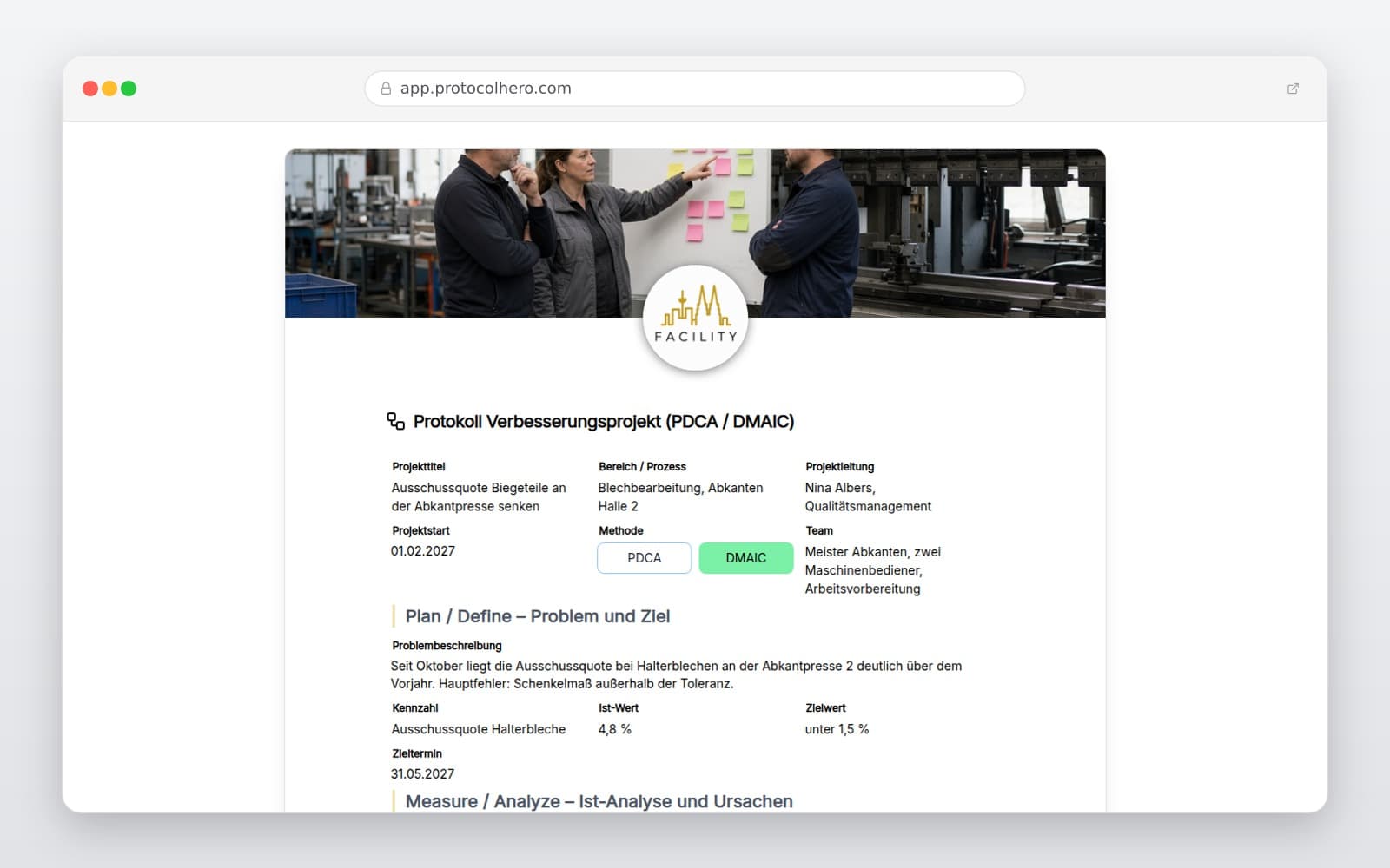 Vorschau der Vorlage „Protokoll Verbesserungsprojekt (PDCA / DMAIC)"