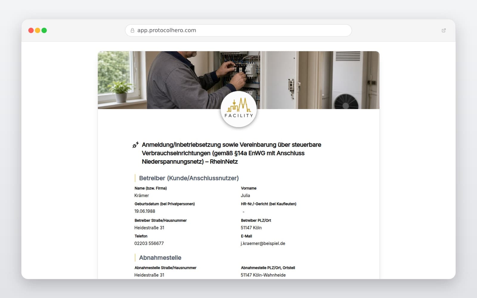 Vorschau der Vorlage „Anmeldung/Inbetriebsetzung sowie Vereinbarung über steuerbare Verbrauchseinrichtungen (gemäß §14a EnWG mit Anschluss Niederspannungsnetz) – RheinNetz"