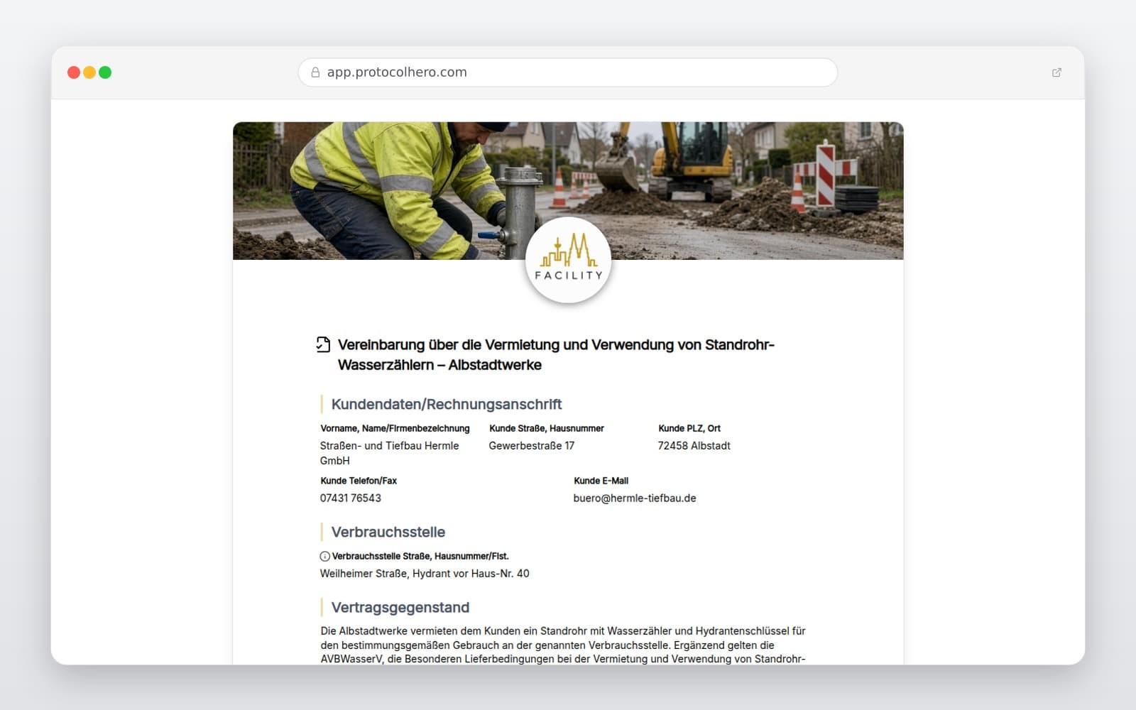 Vorschau der Vorlage „Vereinbarung über die Vermietung und Verwendung von Standrohr-Wasserzählern – Albstadtwerke"