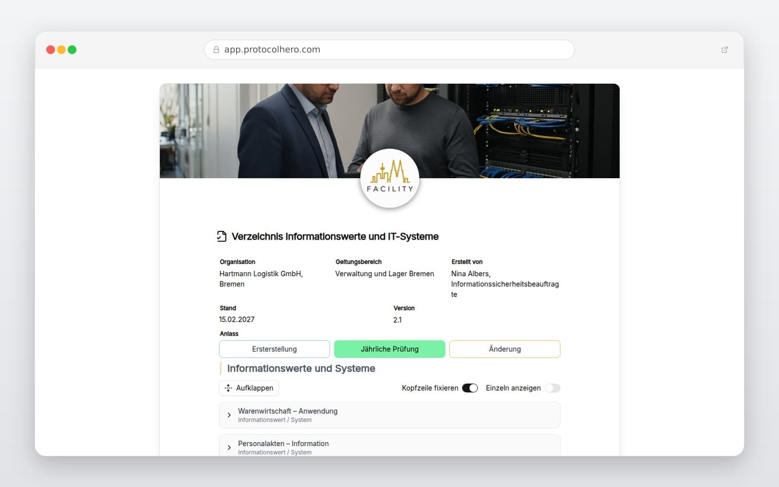 Vorschau der Vorlage „Verzeichnis Informationswerte und IT-Systeme"