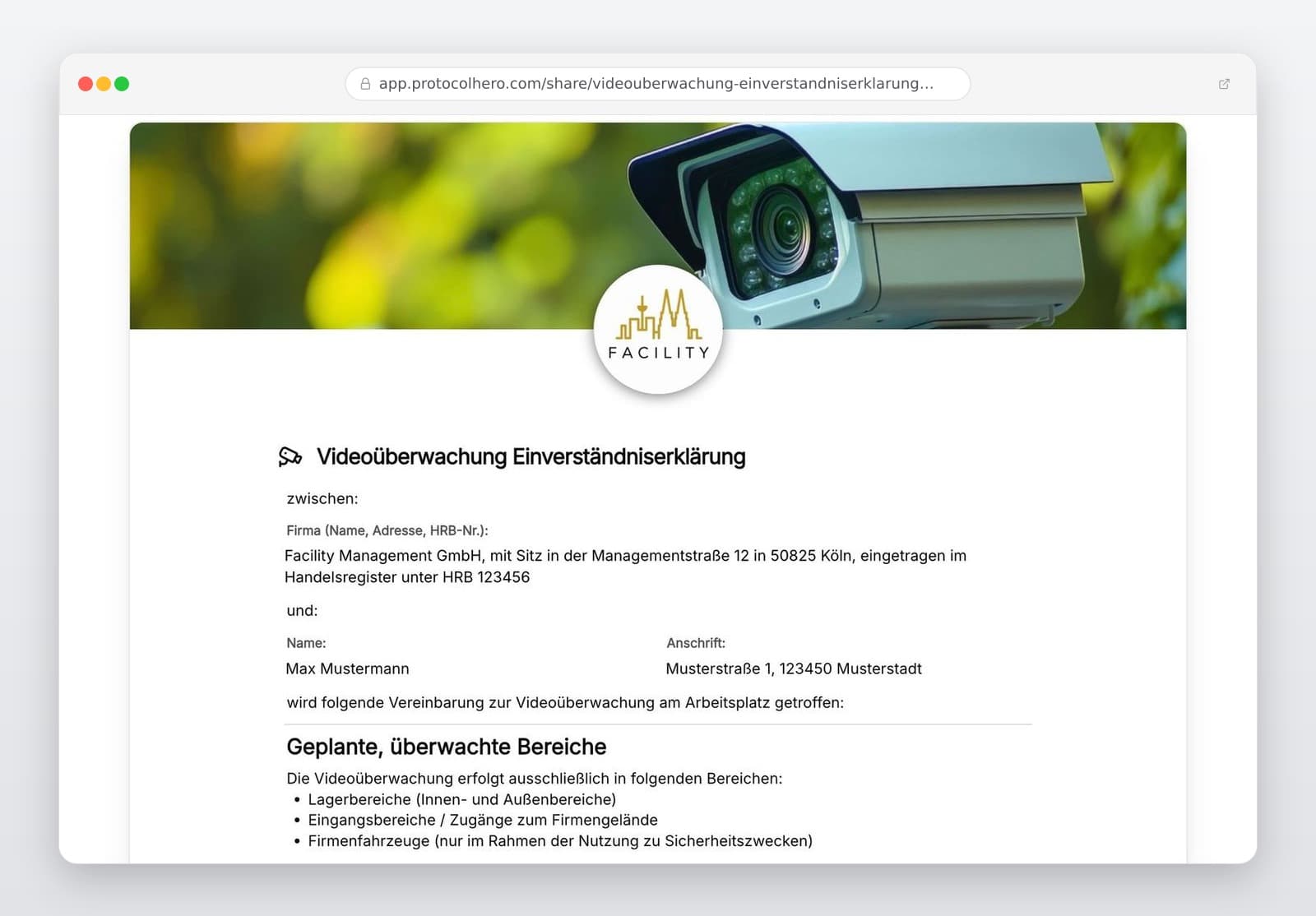 Vorschau der Vorlage „Videoüberwachung Einverständniserklärung – Vorlage (§26 BDSG, Art. 6 DSGVO)"