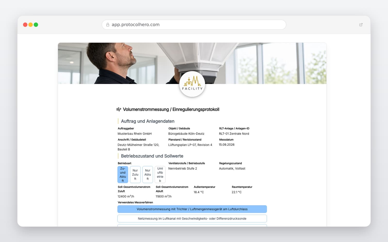 Vorschau der Vorlage „Volumenstrommessung und Einregulierungsprotokoll für Lüftungsanlagen"