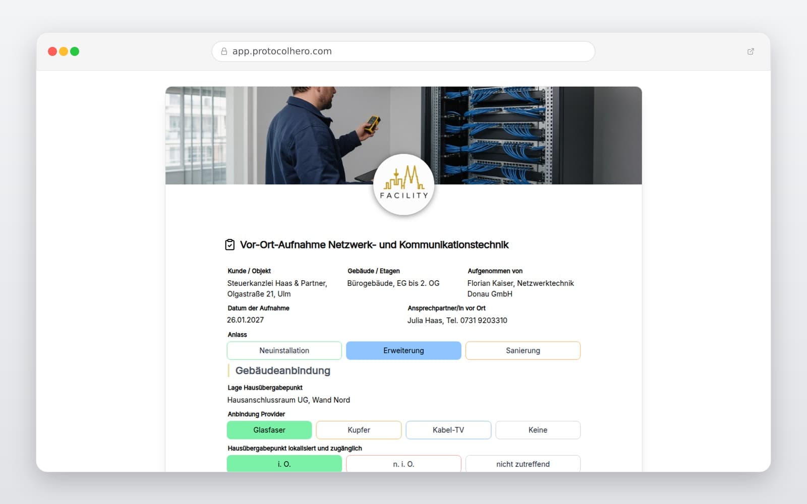 Vorschau der Vorlage „Vor-Ort-Aufnahme Netzwerk- und Kommunikationstechnik"