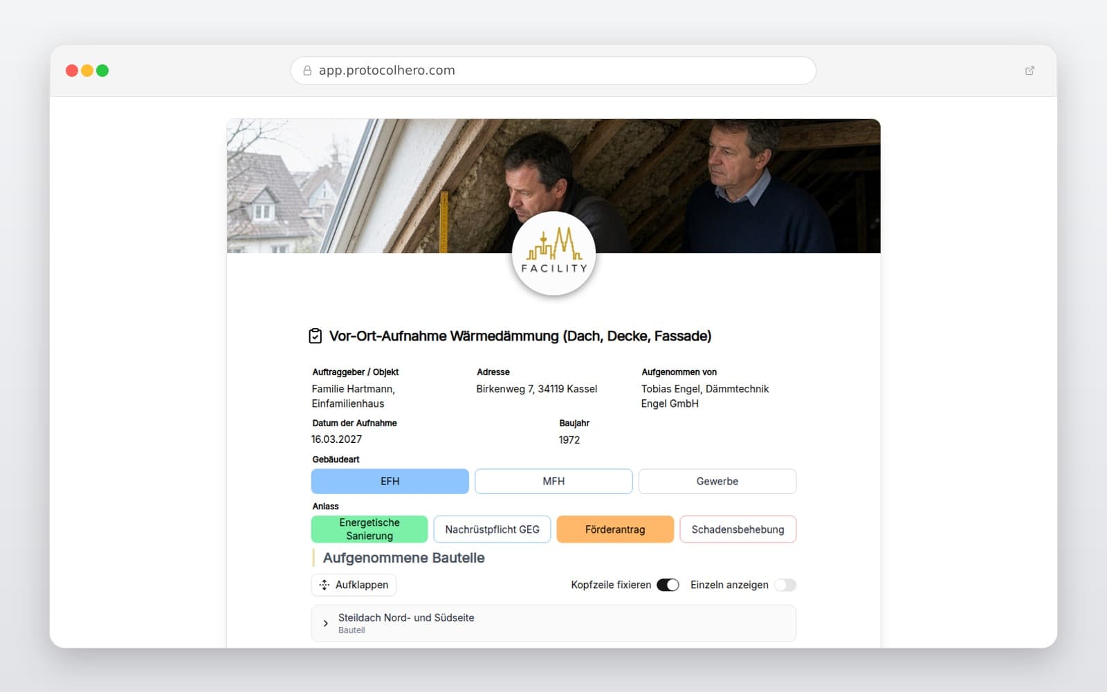 Vorschau der Vorlage „Vor-Ort-Aufnahme Wärmedämmung (Dach, Decke, Fassade)"