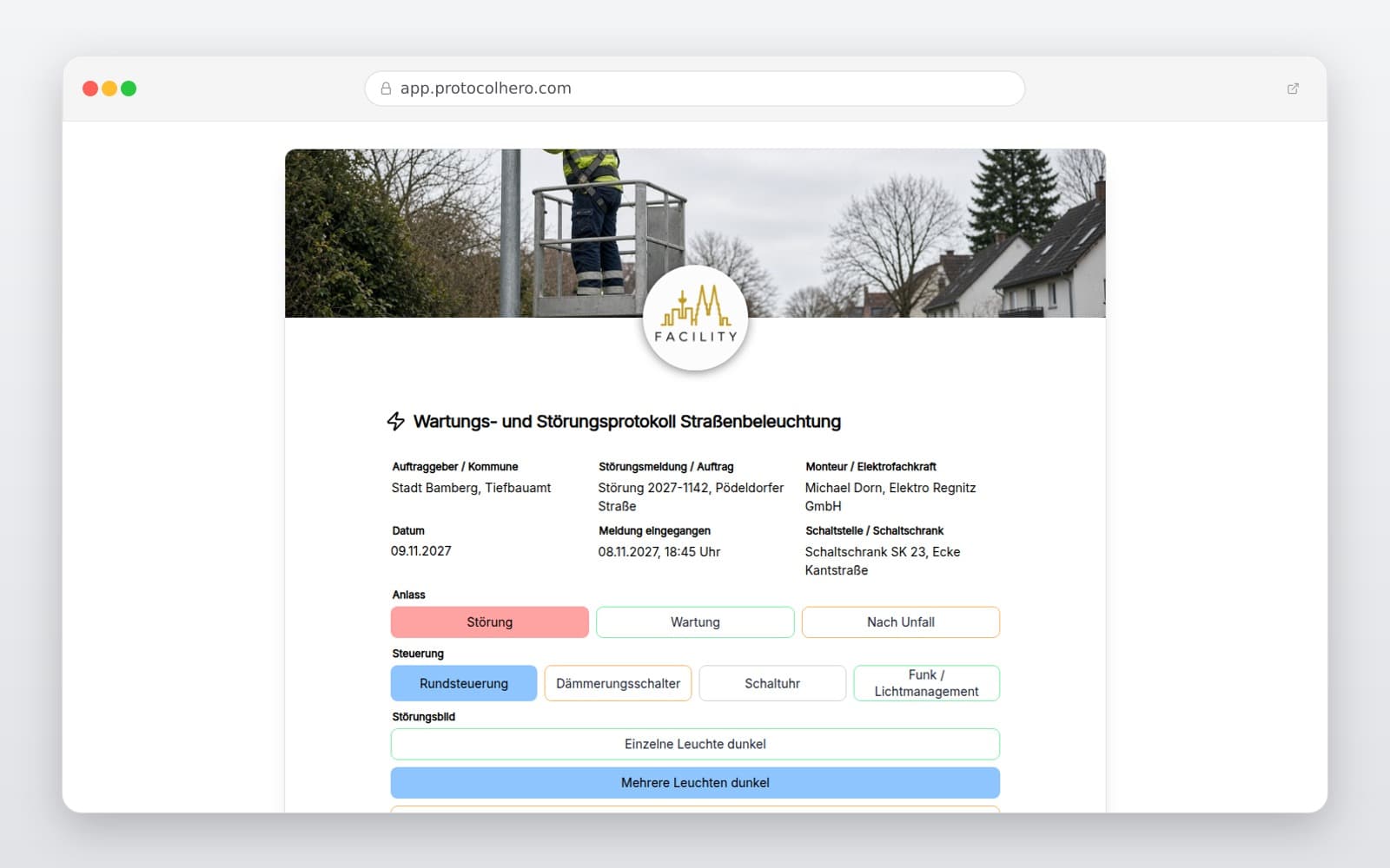 Vorschau der Vorlage „Wartungs- und Störungsprotokoll Straßenbeleuchtung"