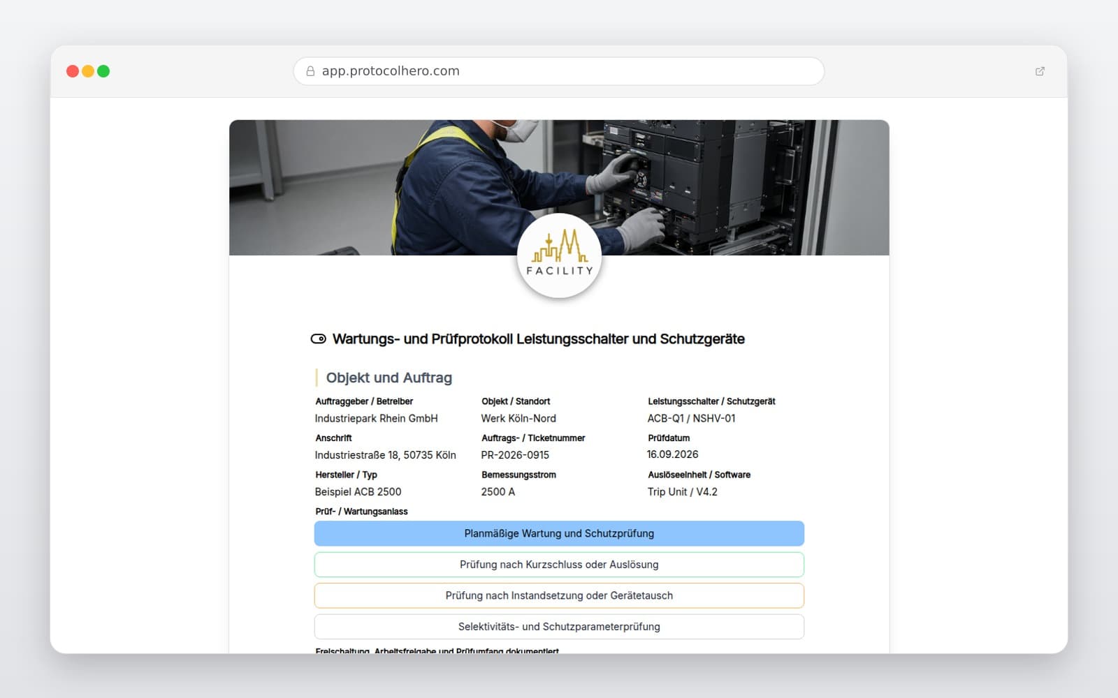 Vorschau der Vorlage „Wartungs- und Prüfprotokoll Leistungsschalter und Schutzgeräte"