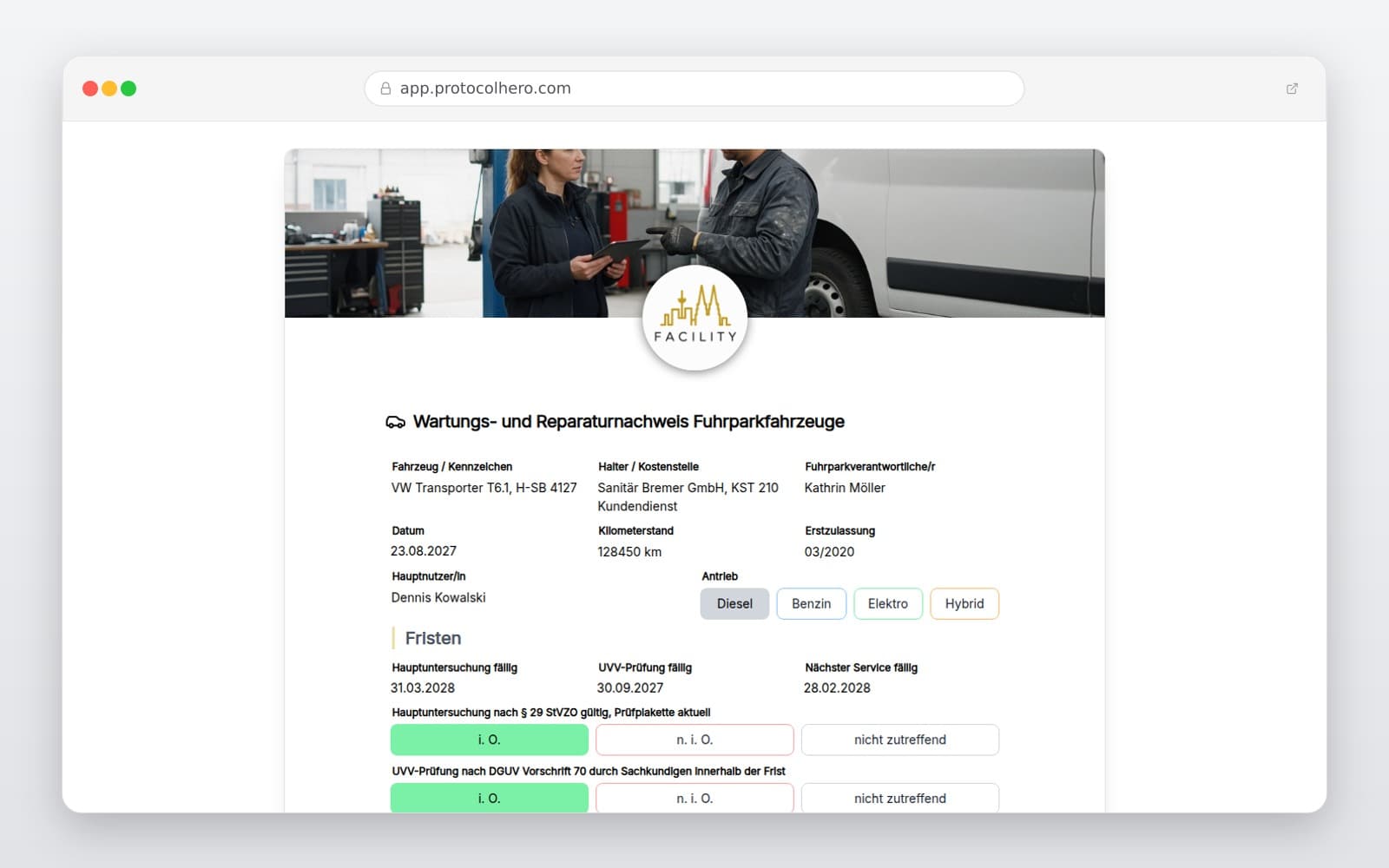 Vorschau der Vorlage „Wartungs- und Reparaturnachweis Fuhrparkfahrzeuge"