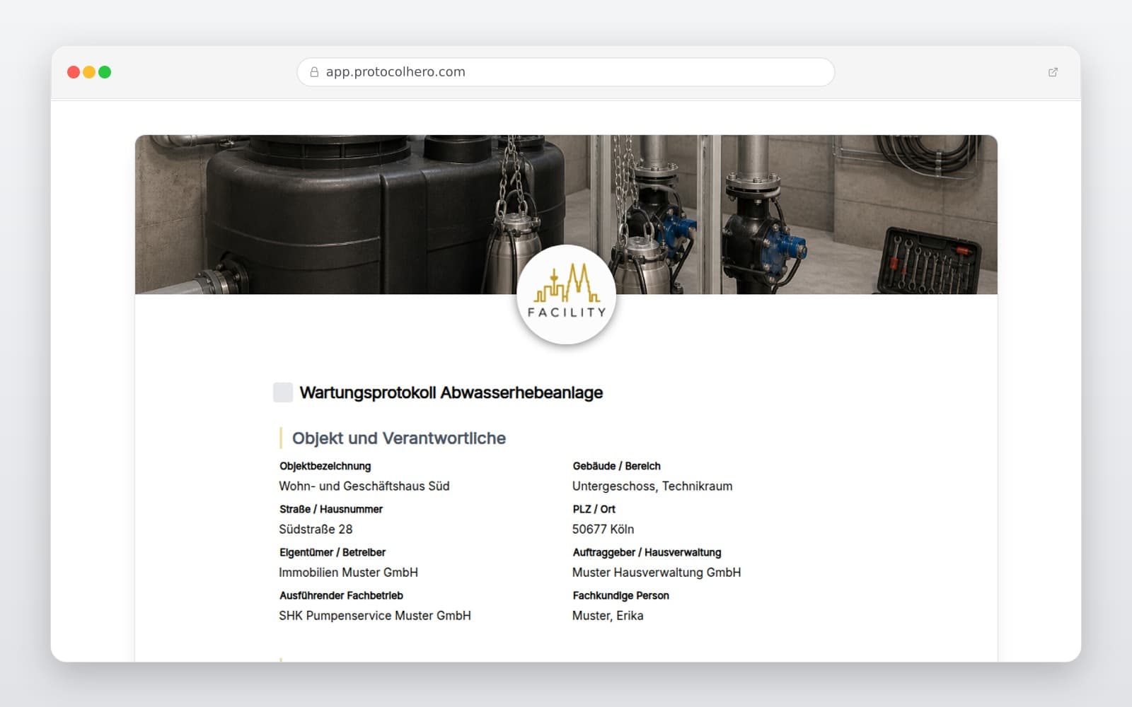 Vorschau der Vorlage „Digitales Wartungsprotokoll für Abwasserhebeanlagen"