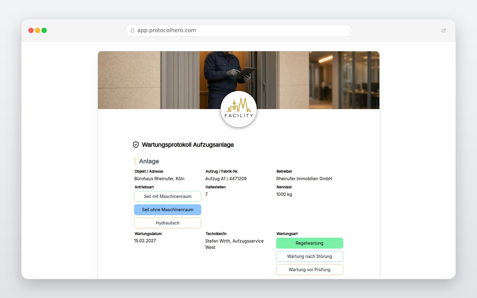 Vorschau der Vorlage „Wartungsprotokoll Aufzugsanlage"