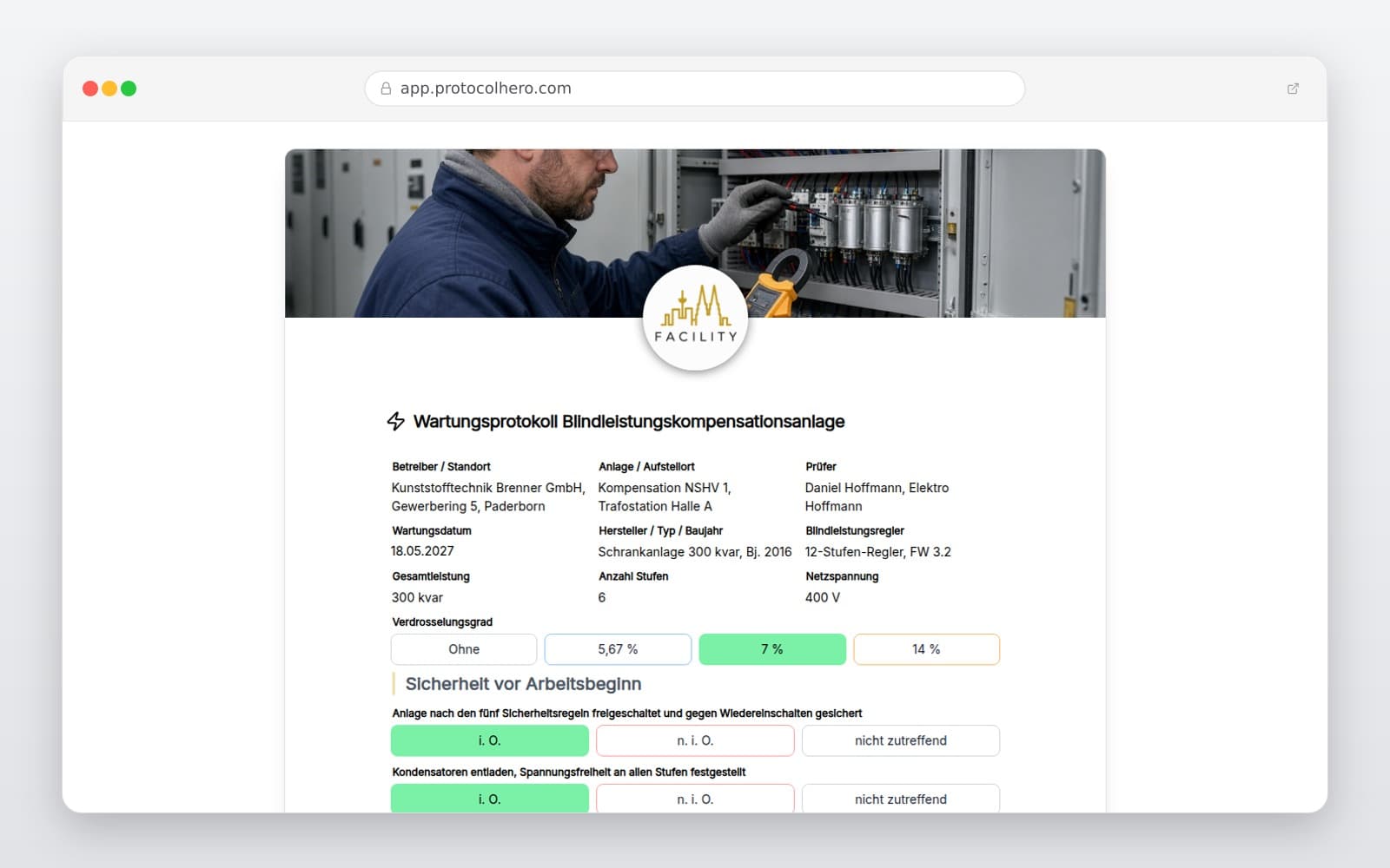 Vorschau der Vorlage „Wartungsprotokoll Blindleistungskompensationsanlage"