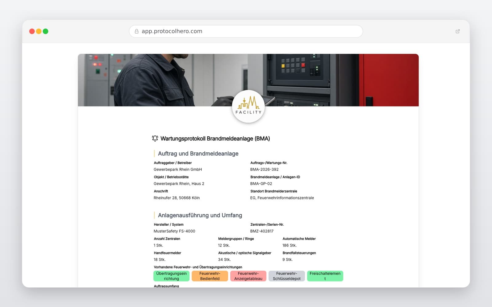 Vorschau der Vorlage „Wartungsprotokoll Brandmeldeanlage (BMA) – Vorlage nach DIN 14675 & VDE 0833"