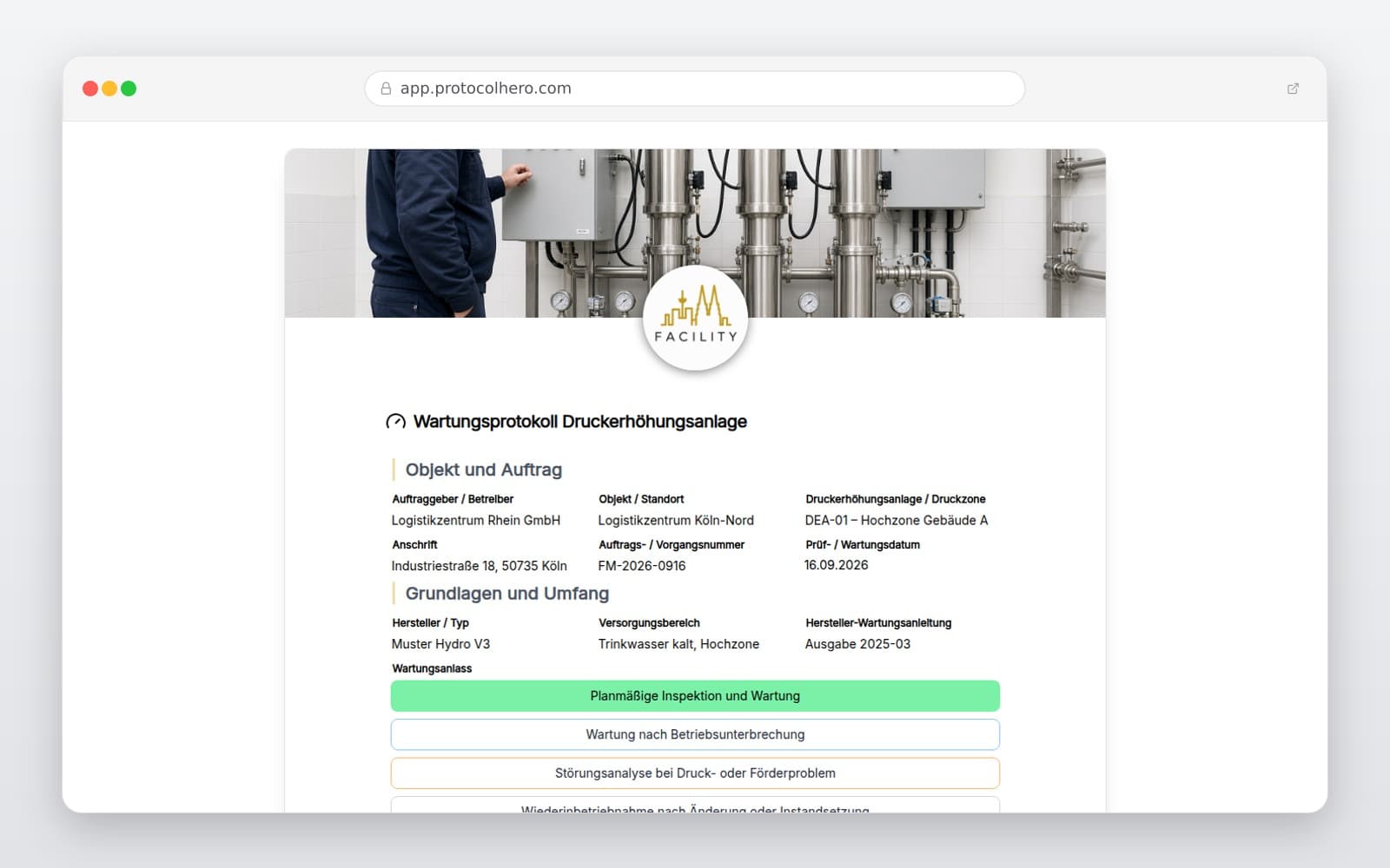 Vorschau der Vorlage „Wartungsprotokoll Druckerhöhungsanlage"