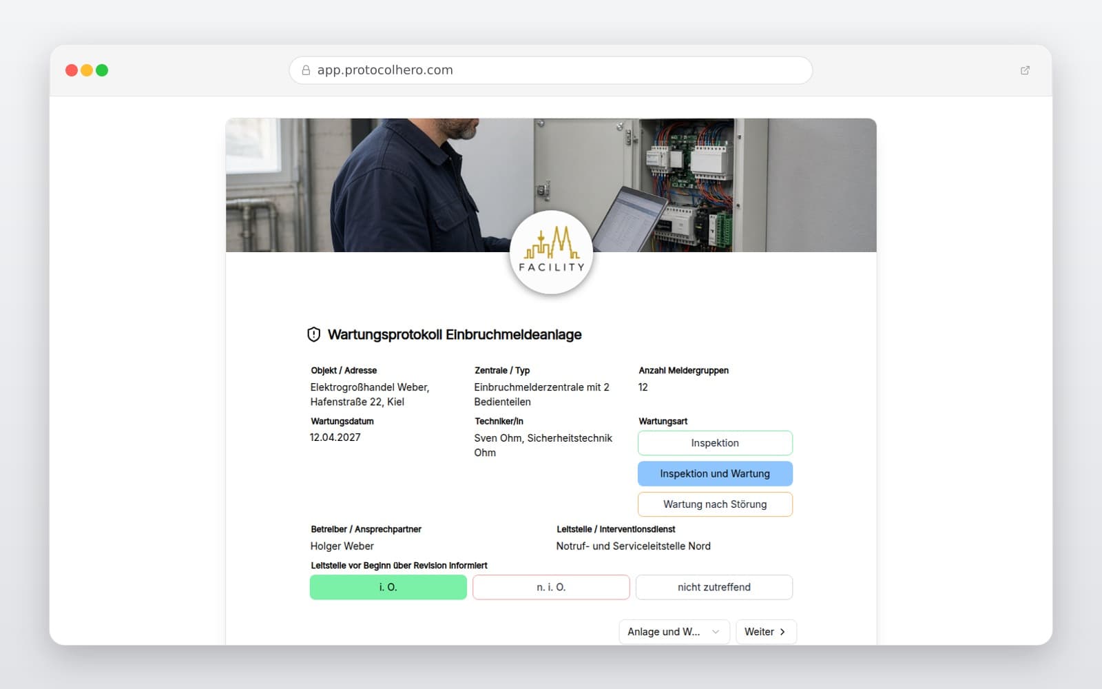 Vorschau der Vorlage „Wartungsprotokoll Einbruchmeldeanlage"