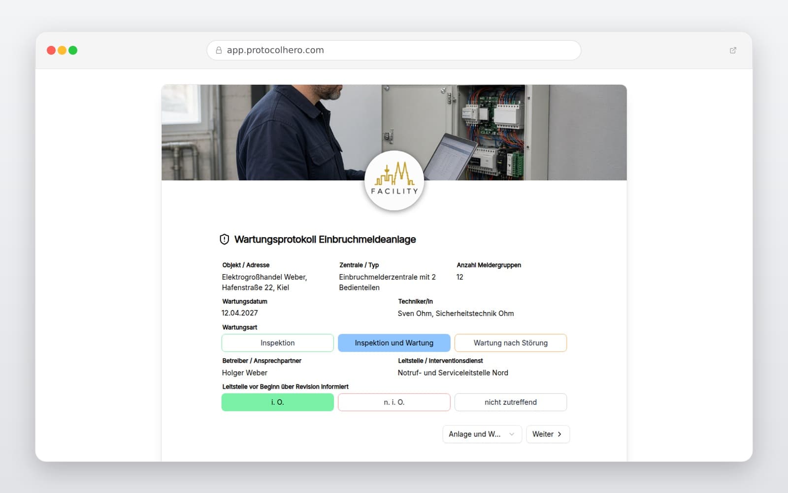 Vorschau der Vorlage „Wartungsprotokoll Einbruchmeldeanlage"