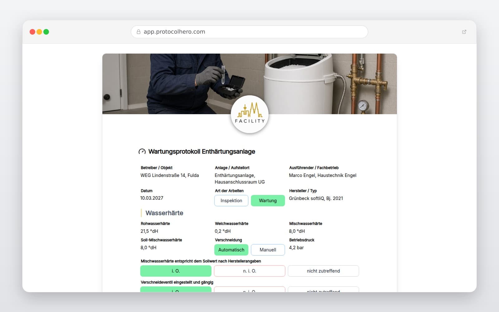 Vorschau der Vorlage „Wartungsprotokoll Enthärtungsanlage"