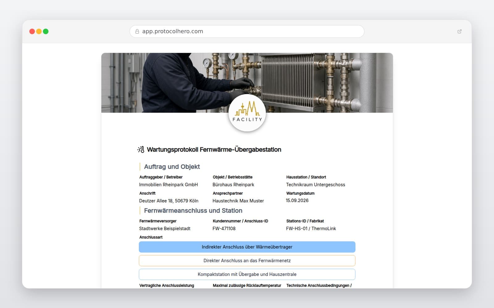 Vorschau der Vorlage „Wartungsprotokoll Fernwärme-Übergabestation"