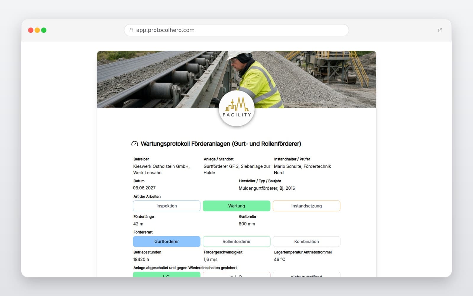 Vorschau der Vorlage „Wartungsprotokoll Förderanlagen (Gurt- und Rollenförderer)"