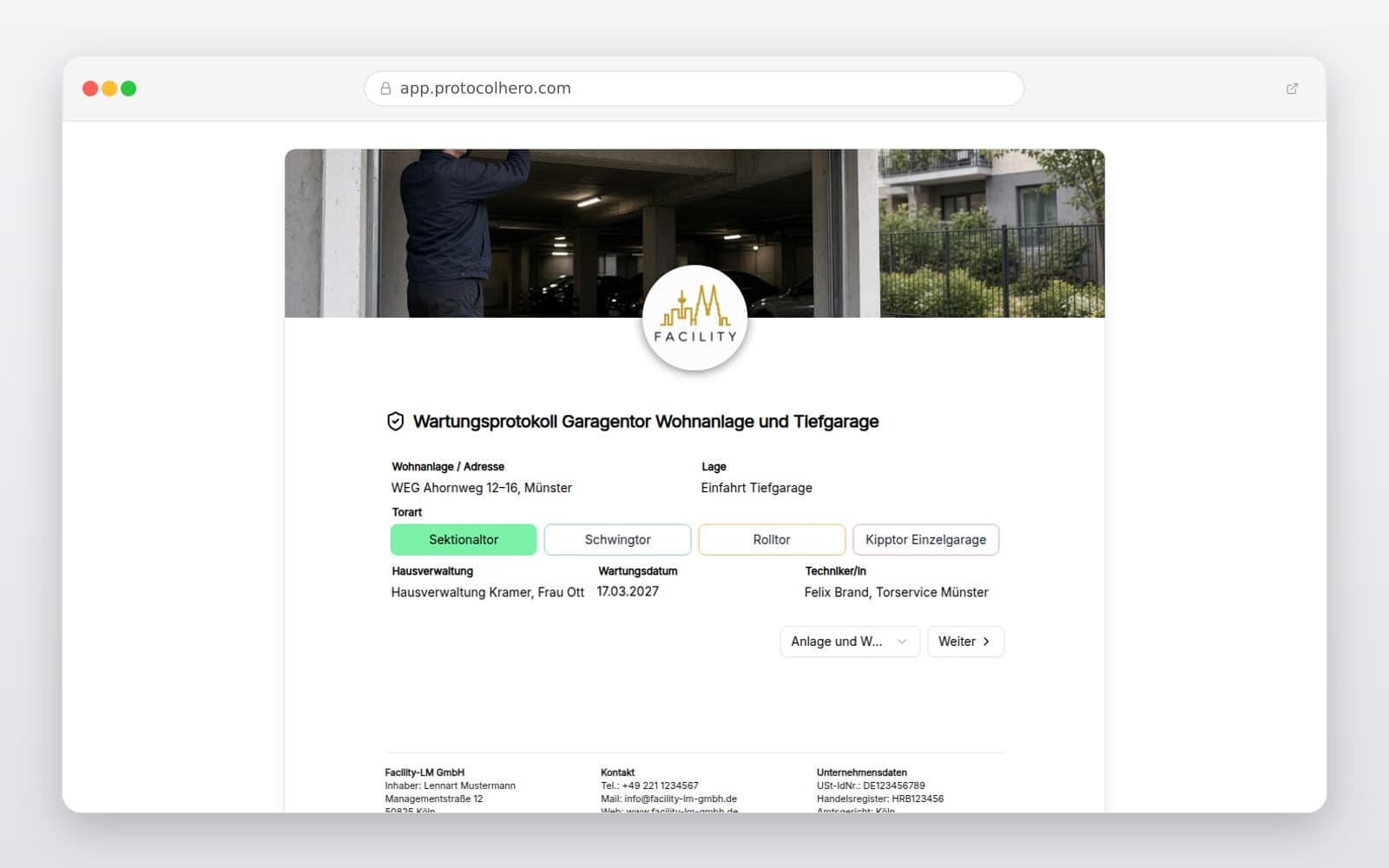 Vorschau der Vorlage „Wartungsprotokoll Garagentor Wohnanlage und Tiefgarage"
