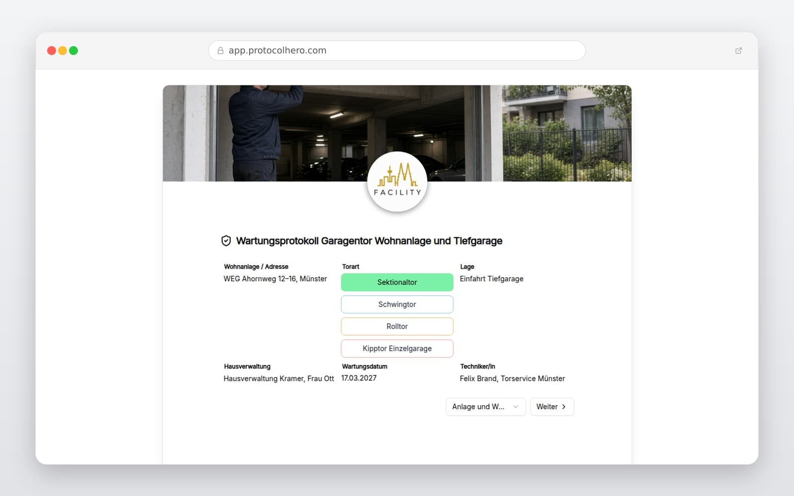 Vorschau der Vorlage „Wartungsprotokoll Garagentor Wohnanlage und Tiefgarage"
