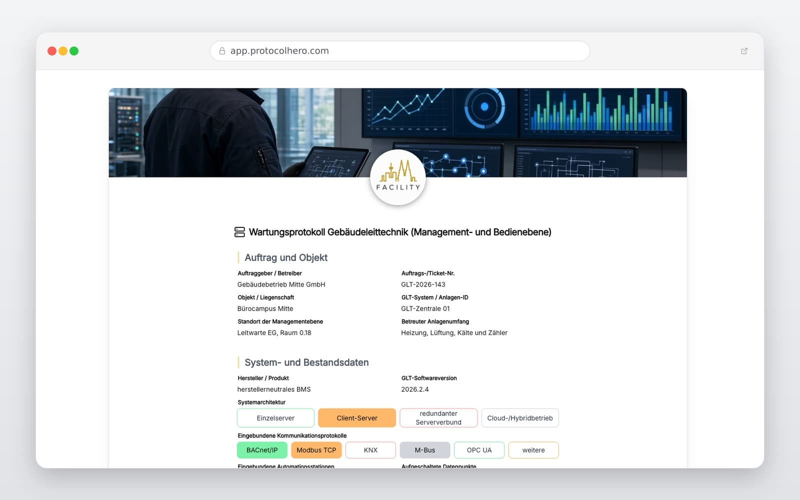 Vorschau der Vorlage „Wartungsprotokoll Gebäudeleittechnik – Vorlage für Management- & Bedienebene"