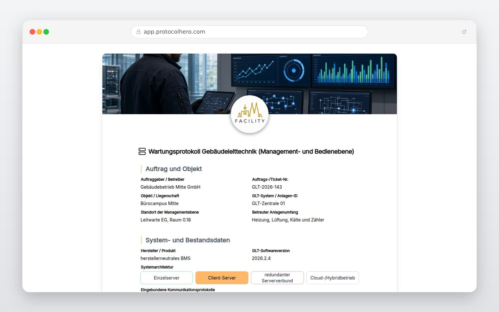Vorschau der Vorlage „Wartungsprotokoll Gebäudeleittechnik"