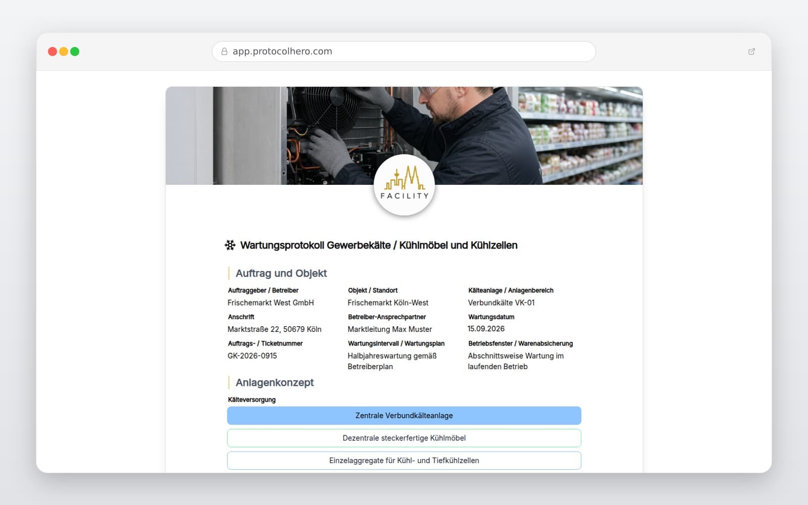 Vorschau der Vorlage „Wartungsprotokoll Gewerbekälte, Kühlmöbel und Kühlzellen"