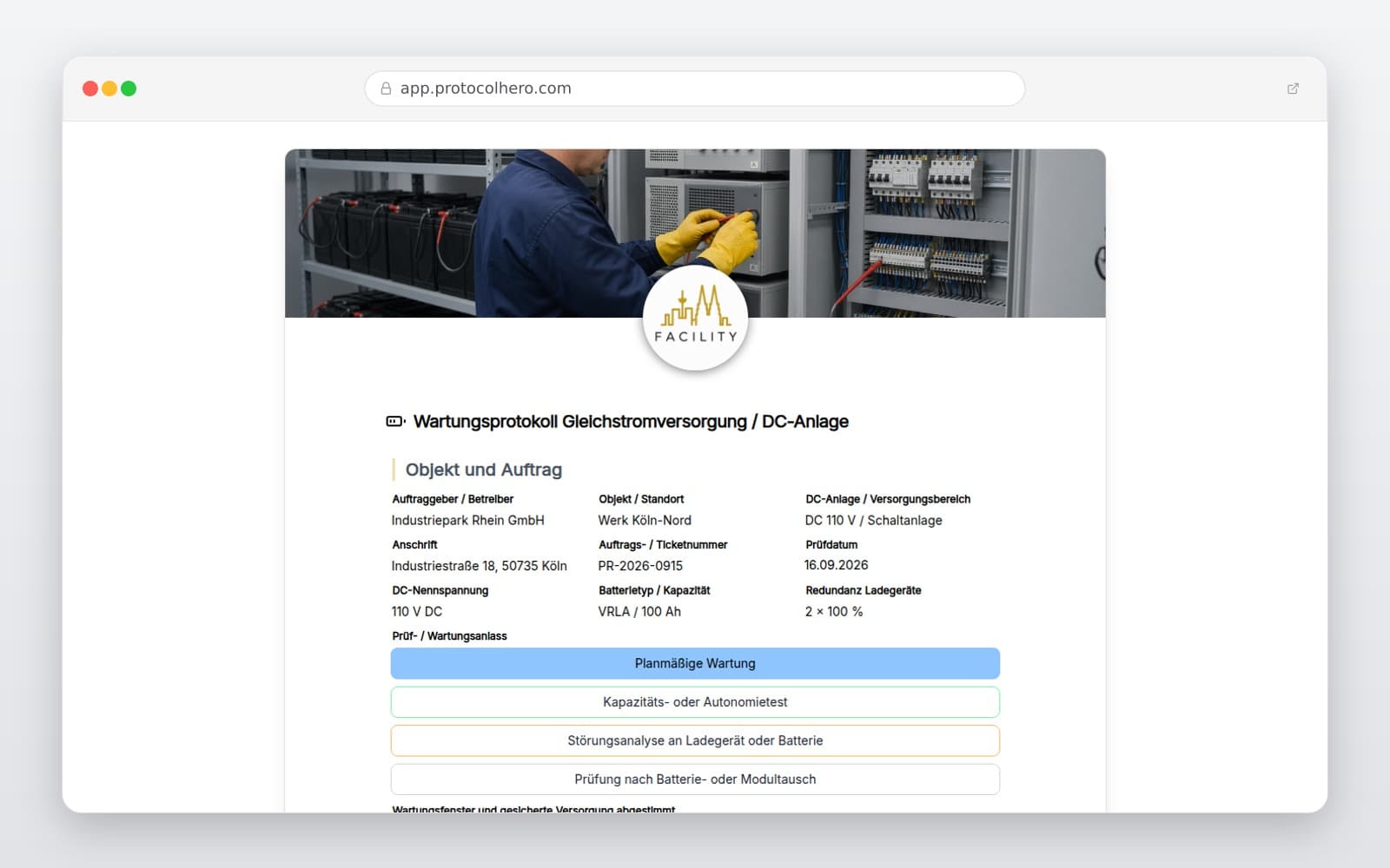 Vorschau der Vorlage „Wartungsprotokoll Gleichstromversorgung / DC-Anlage"