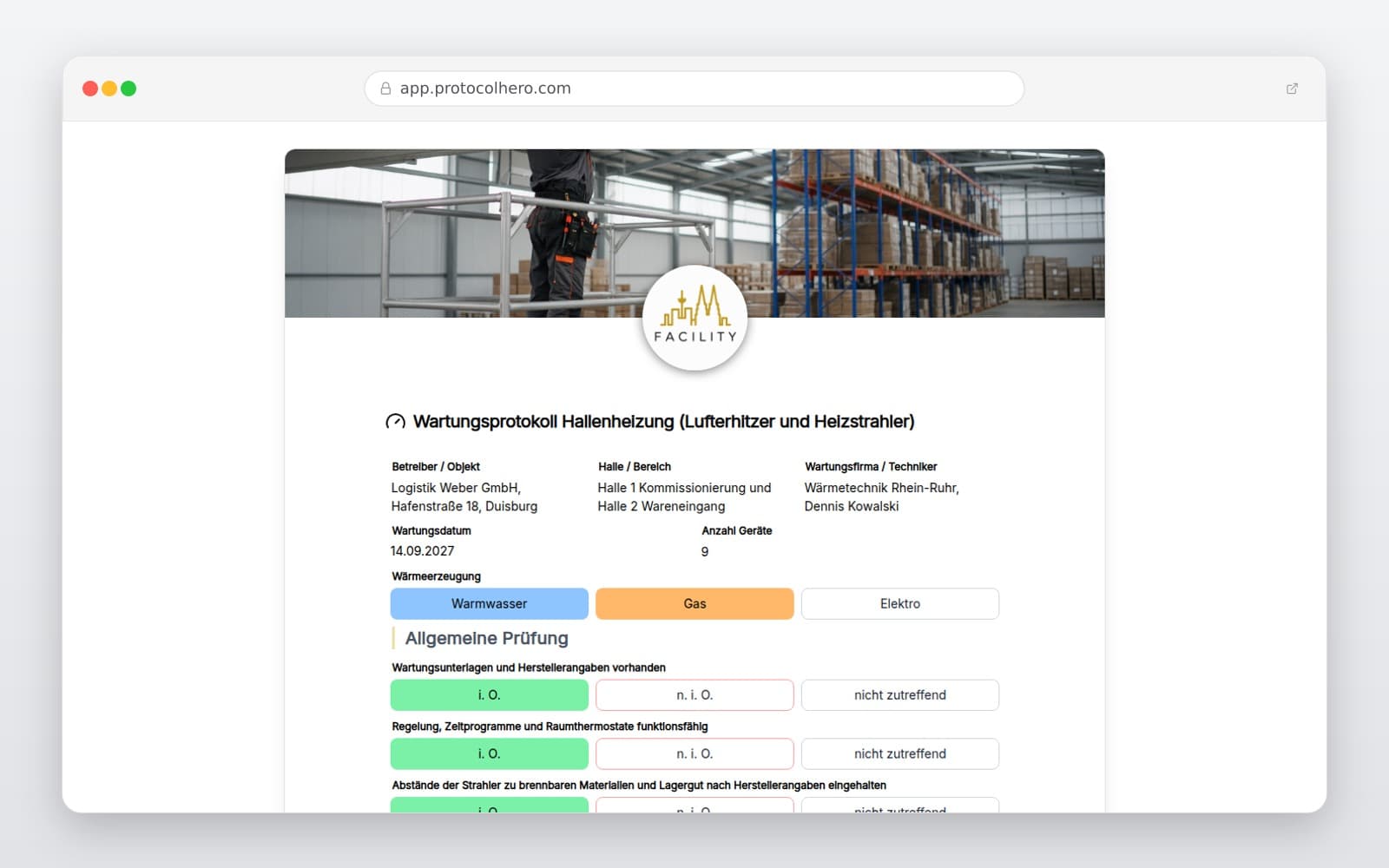 Vorschau der Vorlage „Wartungsprotokoll Hallenheizung (Lufterhitzer und Heizstrahler)"