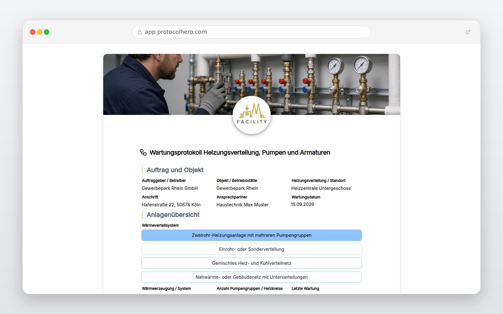 Vorschau der Vorlage „Wartungsprotokoll Heizungsverteilung, Pumpen und Armaturen"
