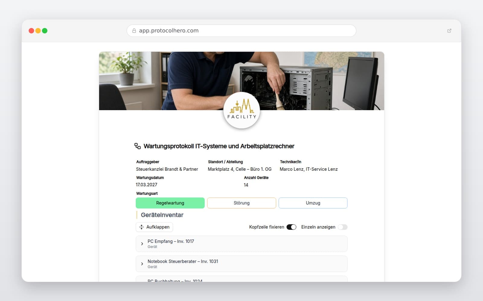 Vorschau der Vorlage „Wartungsprotokoll IT-Systeme und Arbeitsplatzrechner"