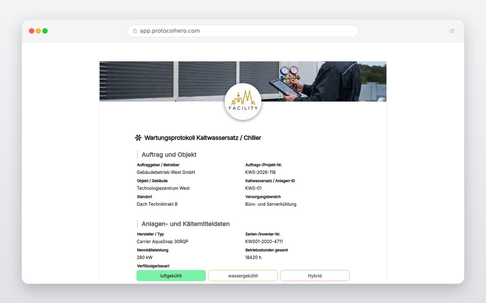 Vorschau der Vorlage „Wartungsprotokoll Kaltwassersatz – Vorlage für Chiller & Kältemaschinen"