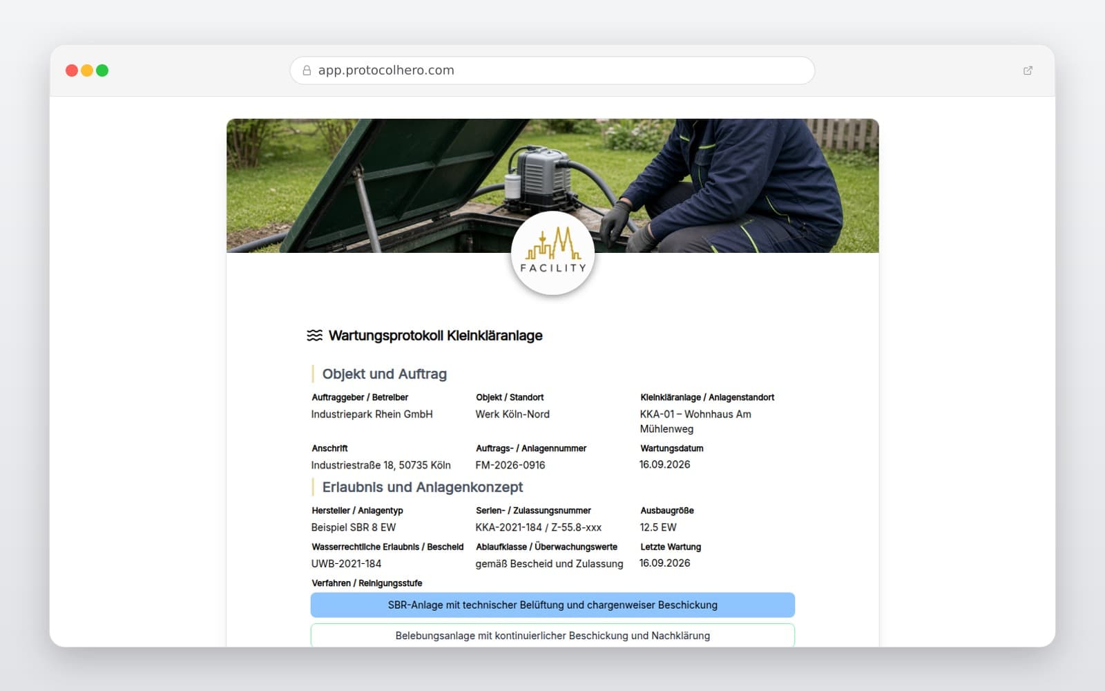 Vorschau der Vorlage „Wartungsprotokoll Kleinkläranlage"