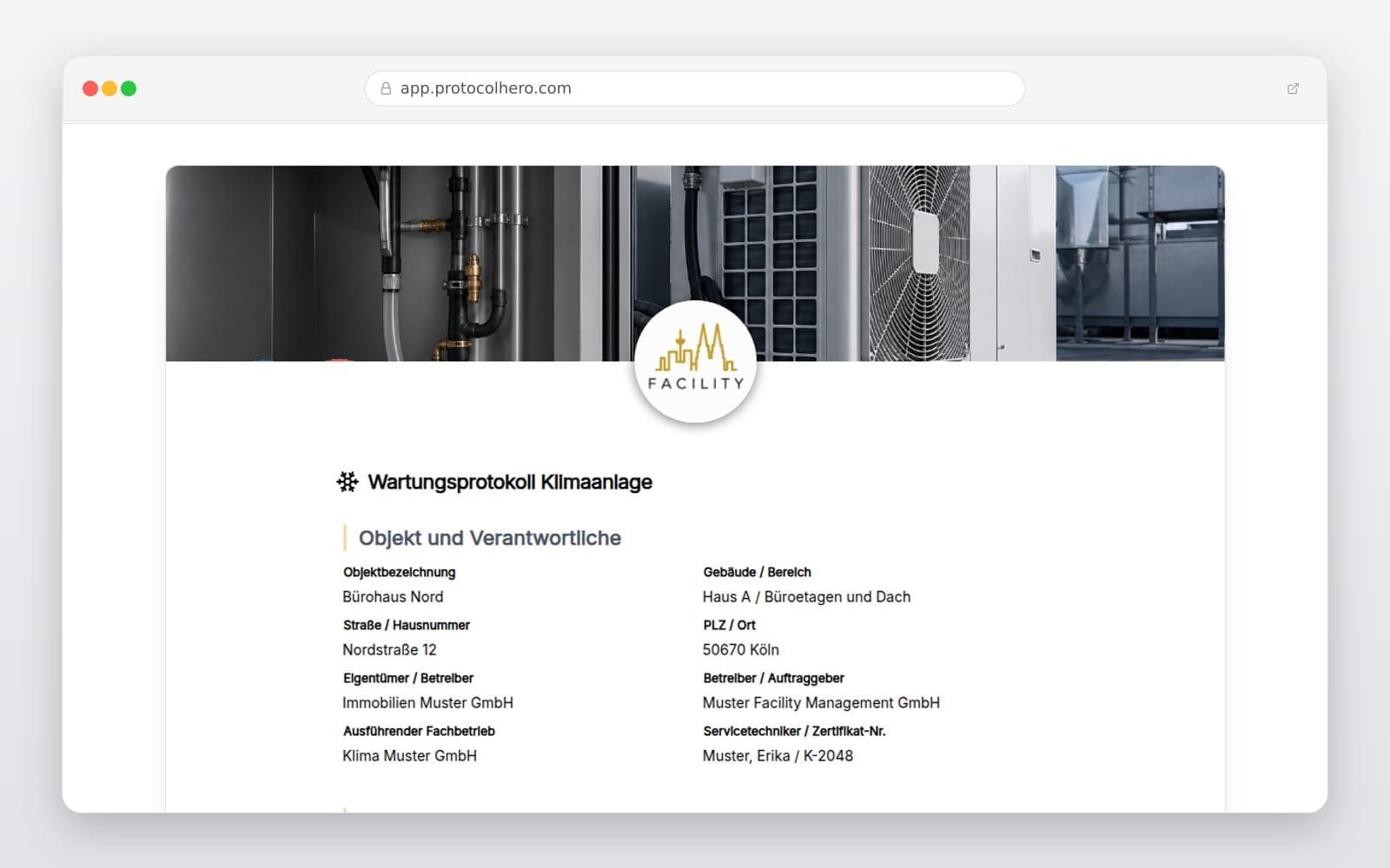 Vorschau der Vorlage „Klimaanlage Wartungsprotokoll Vorlage – Digitaler Prüfbericht für Klima & Kälte"