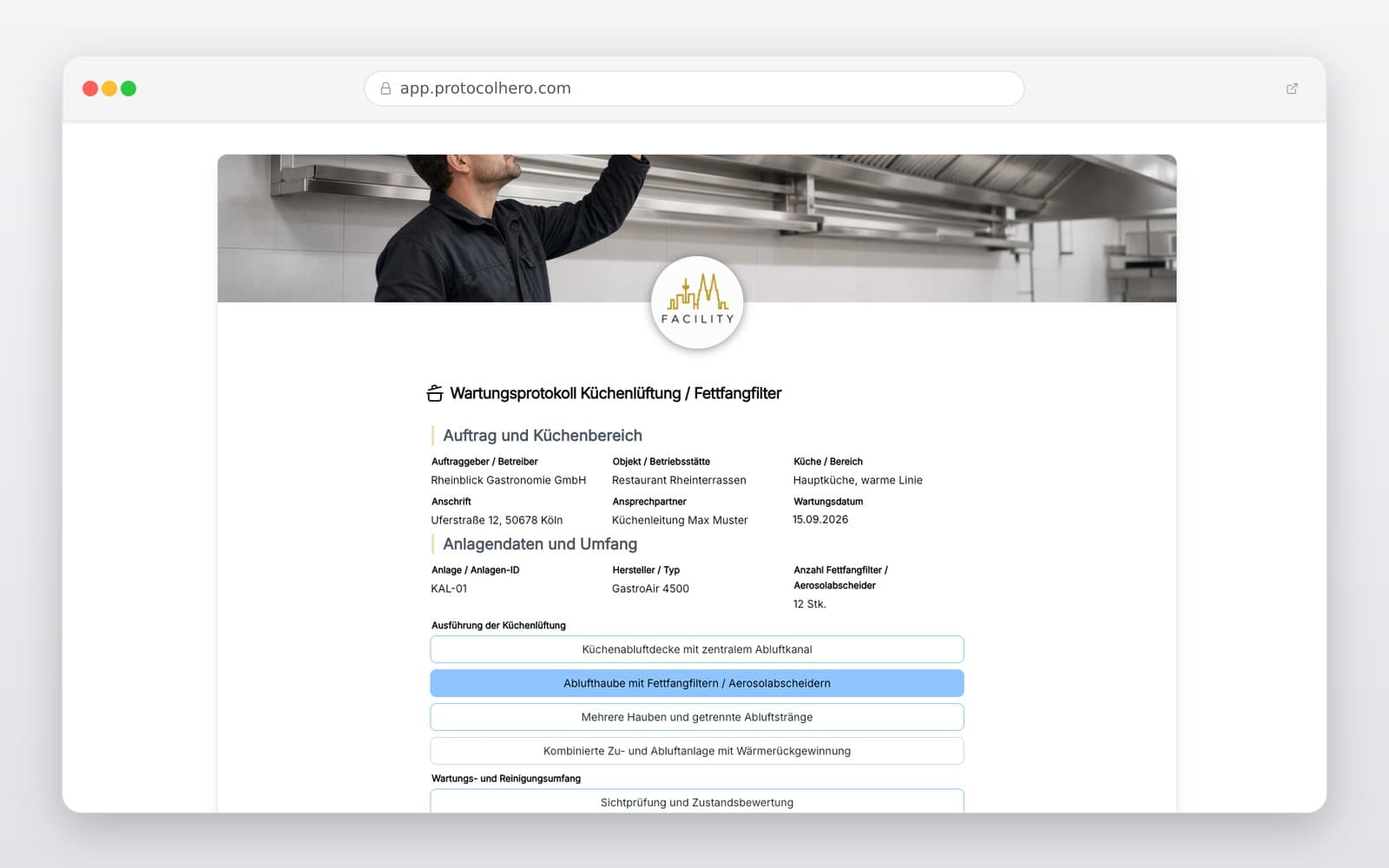 Vorschau der Vorlage „Wartungsprotokoll Küchenlüftung und Fettfangfilter"