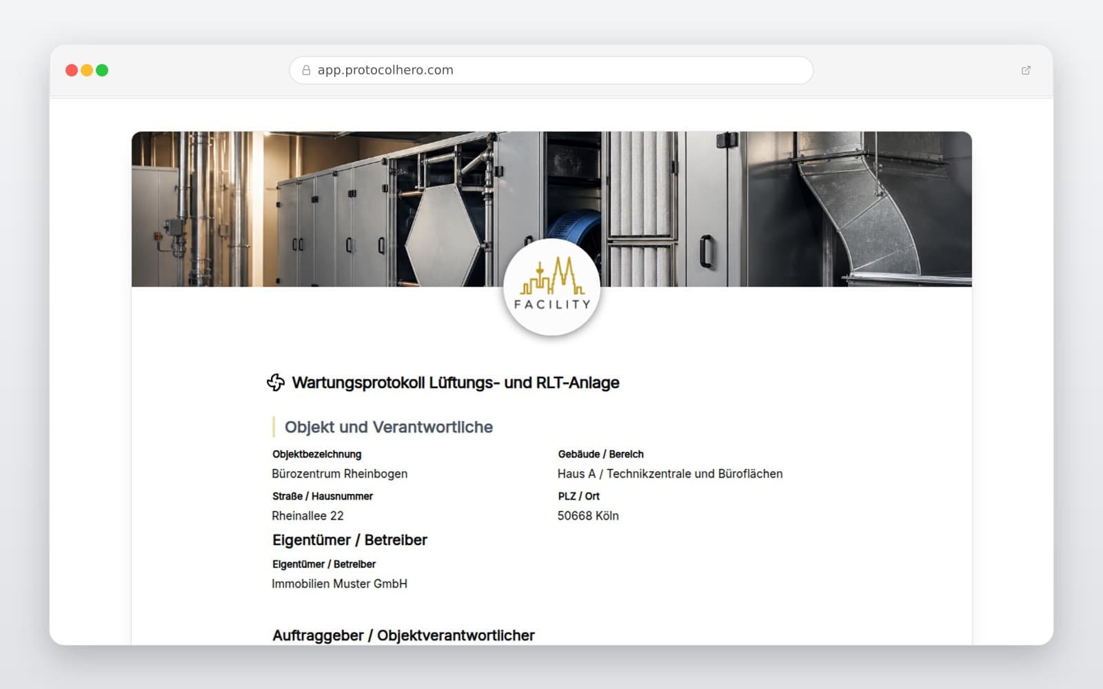 Vorschau der Vorlage „Digitales Wartungsprotokoll für Lüftungs- und RLT-Anlagen"