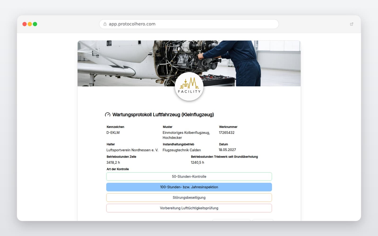 Vorschau der Vorlage „Wartungsprotokoll Luftfahrzeug (Kleinflugzeug)"