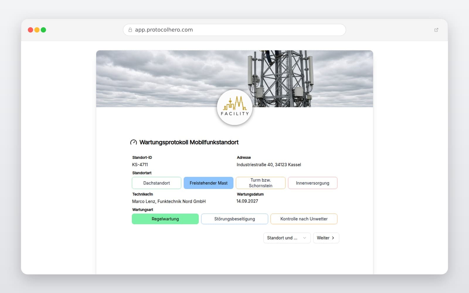Vorschau der Vorlage „Wartungsprotokoll Mobilfunkstandort"
