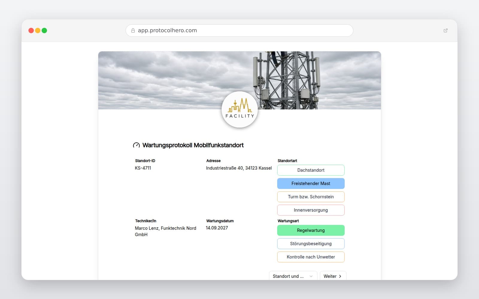 Vorschau der Vorlage „Wartungsprotokoll Mobilfunkstandort"