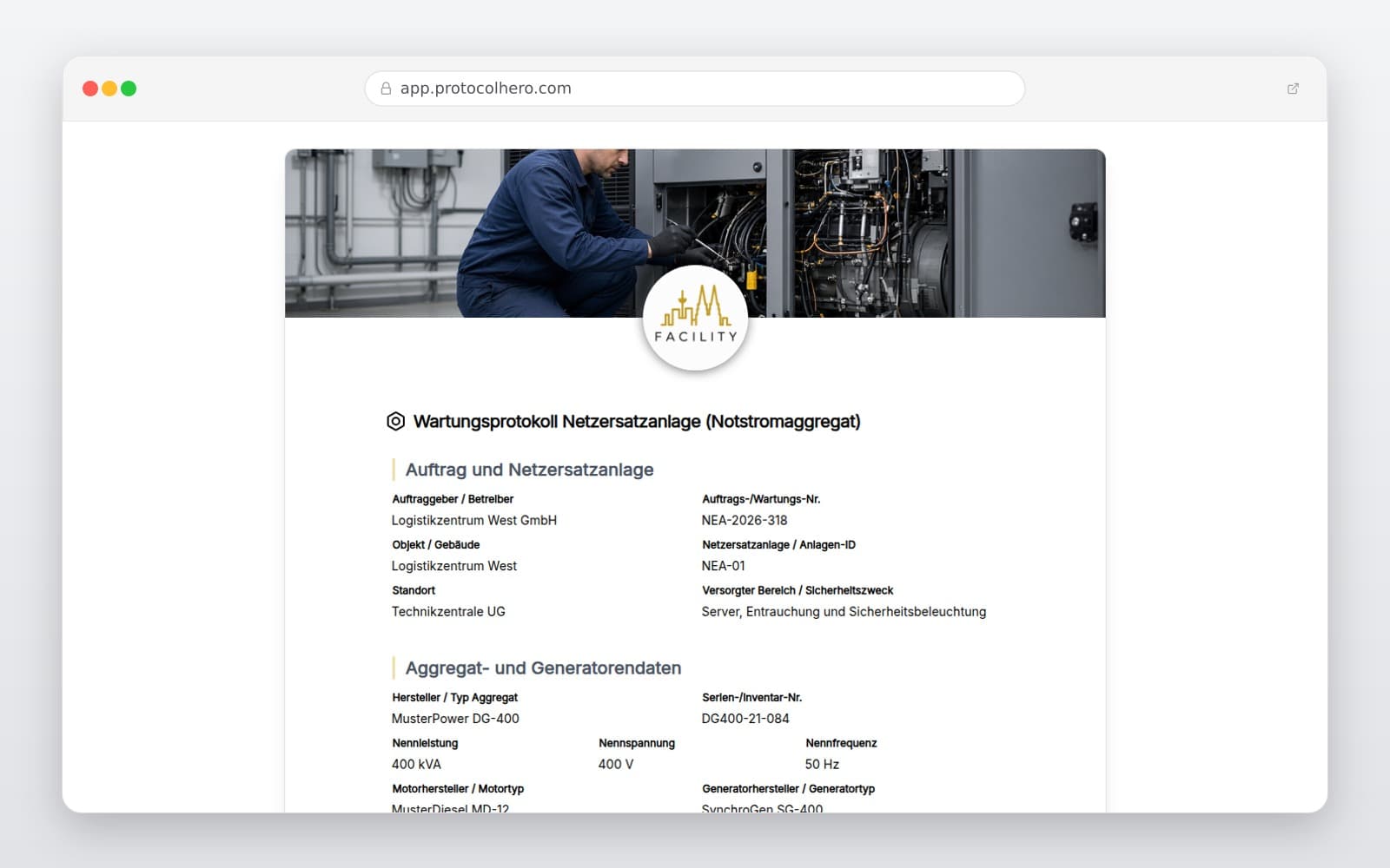 Vorschau der Vorlage „Wartungsprotokoll Netzersatzanlage (Notstromaggregat)"
