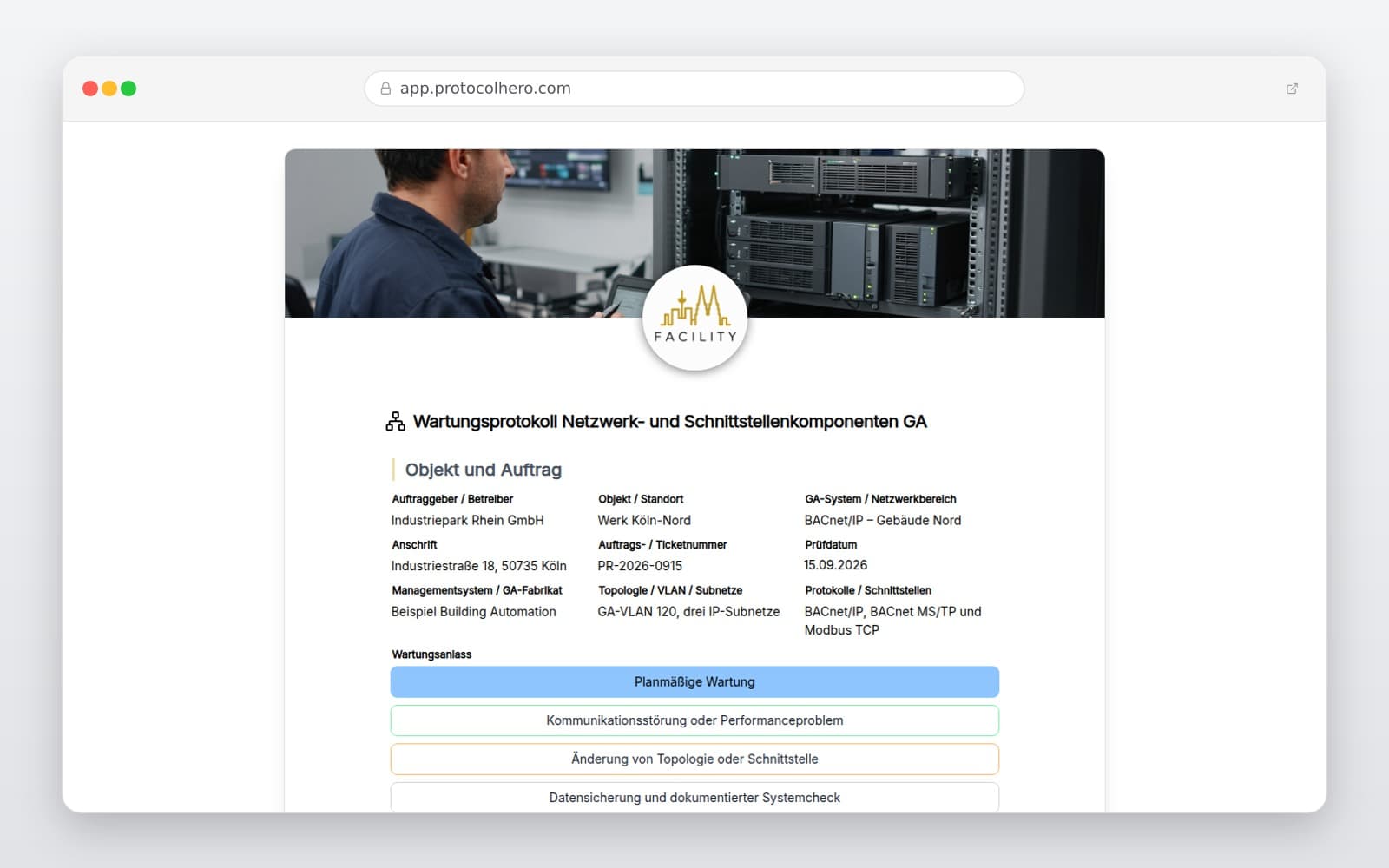 Vorschau der Vorlage „Wartungsprotokoll Netzwerk- und Schnittstellenkomponenten GA"