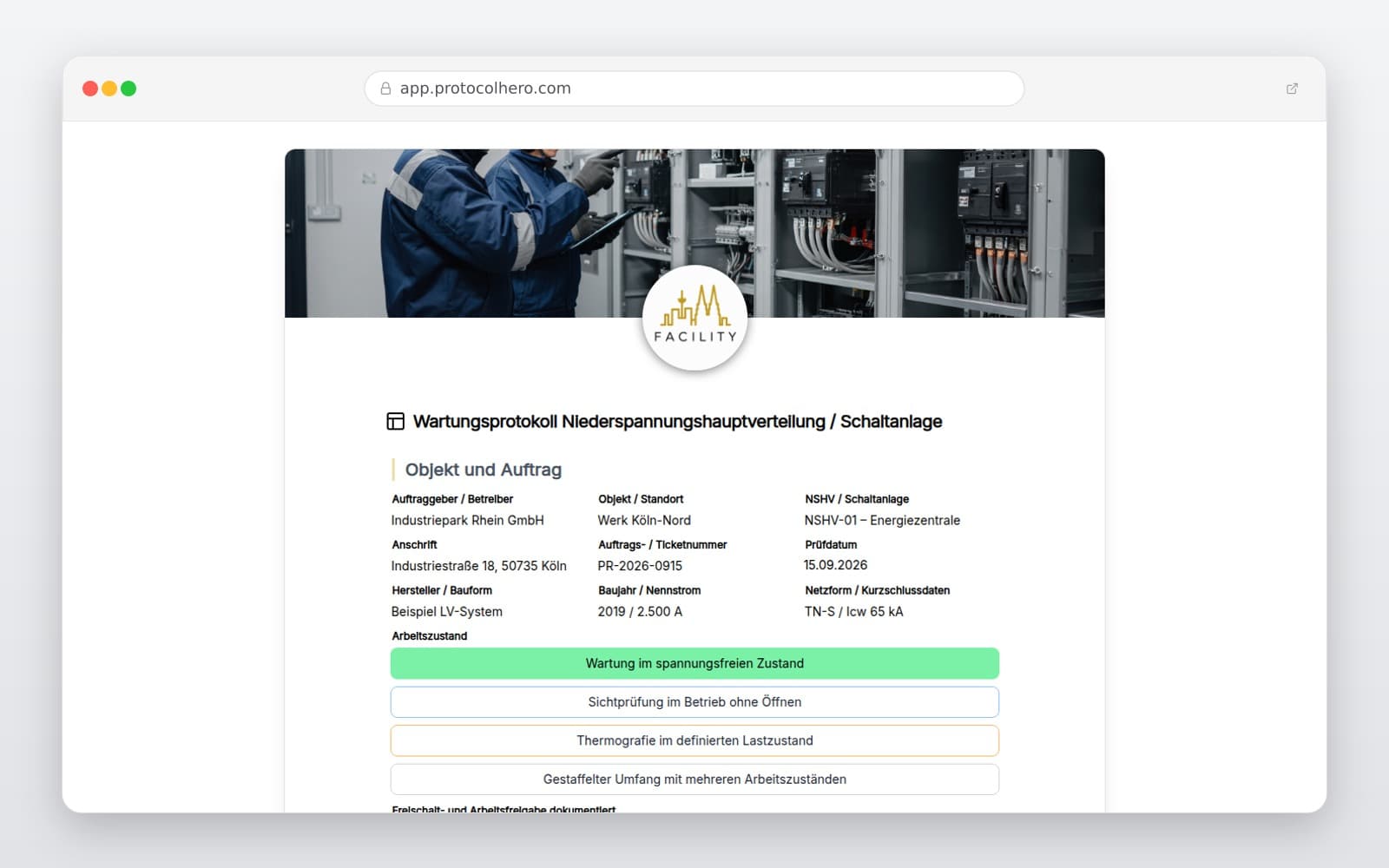 Vorschau der Vorlage „Wartungsprotokoll Niederspannungshauptverteilung / Schaltanlage"