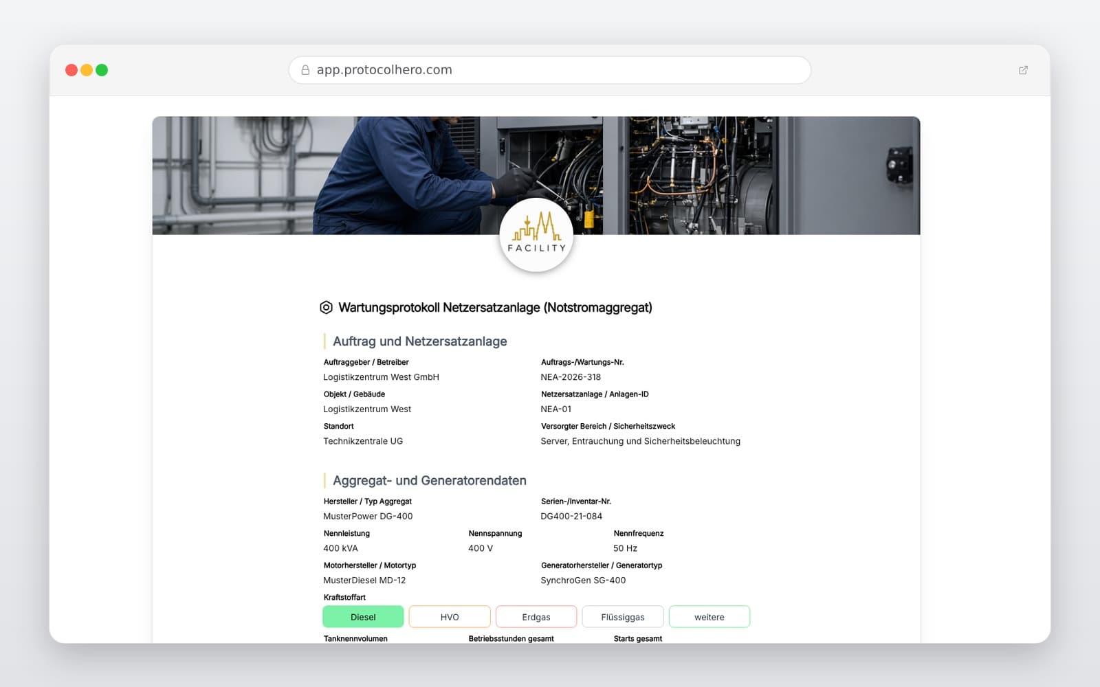 Vorschau der Vorlage „Wartungsprotokoll Notstromaggregat – Vorlage für Netzersatzanlagen (NEA)"