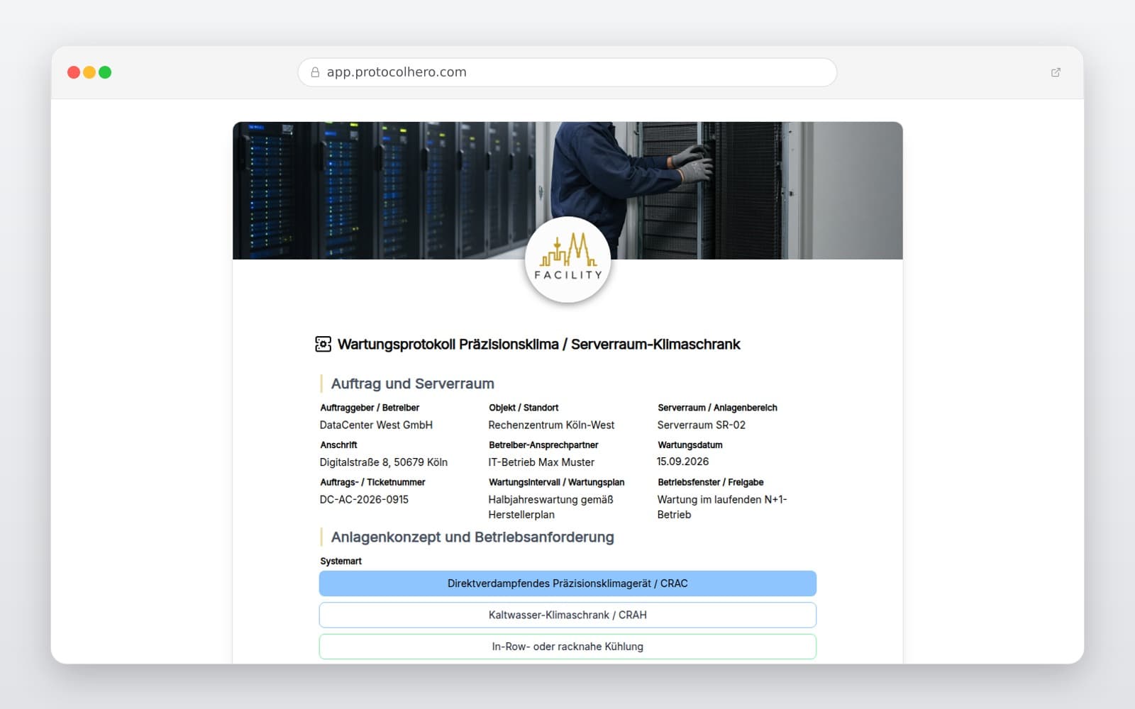 Vorschau der Vorlage „Wartungsprotokoll Präzisionsklima und Serverraum-Klimaschrank"