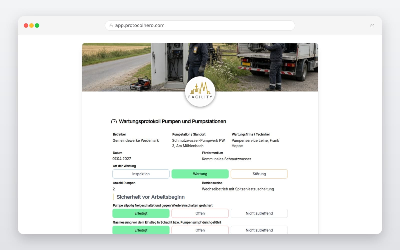 Vorschau der Vorlage „Wartungsprotokoll Pumpen und Pumpstationen"