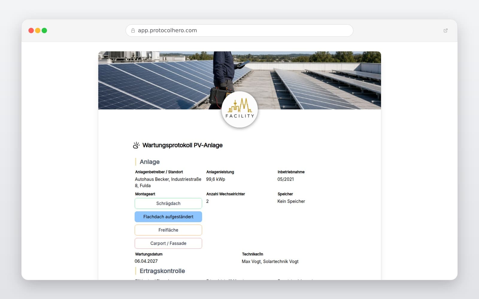 Vorschau der Vorlage „Wartungsprotokoll PV-Anlage"